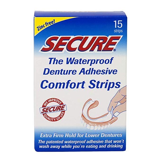 Secure Comfort Strips Waterproof Denture Adhesive - Zinc Free - Extra Firm Hold For Lower Dentures - 15 Strips