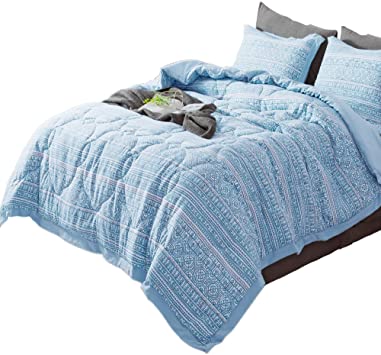 KASENTEX All Season Quilted Comforter Set Chic Modern Printed Pattern Down Alternative Fill 3-Piece with Stylish Boarder Trim Design(Multi Blue, King   2 King Shams)