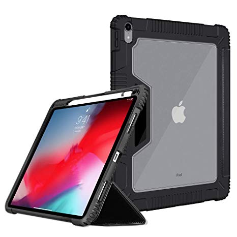 Bigphilo SPA Series iPad Pro 11 Clear Case with Pencil Holder, PU Leather Folio [Apple Pencil Charging Supported] [Transparent Panel] [Trifold Stand] Cover for 11 inch iPad Pro, Black, Bulk Packaging