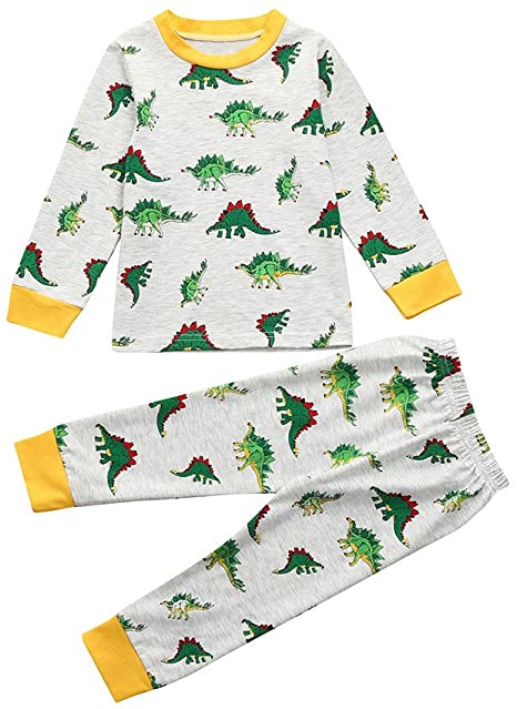 Kids Toddler Baby Girls & Boys Cartoon Printed Dinosaurs Pajamas Set Tops Pants, Child Clothes Sleepwear Outfits for Age 2-7 Years