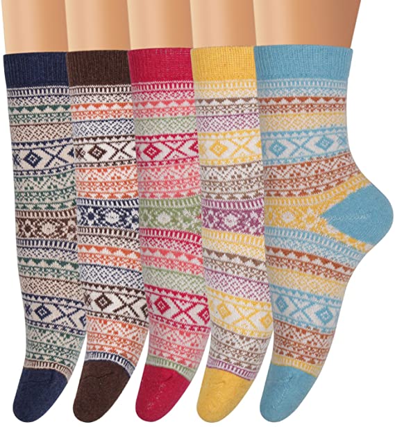 Ofeily Winter Socks 5 Pairs Women Vintage Wool Socks Thick Knit Warm Comfort Socks