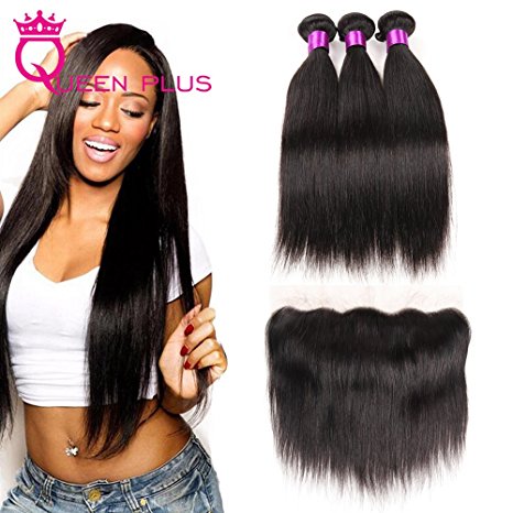Queen Plus Hair Brazilian Straight Hair Lace Frontal with 3 Bundles 7A Human Hair Extensions Straight Virgin Hair with Frontal Ear to Ear with Baby Hair Human Hair Weave(12 14 16 with 10)
