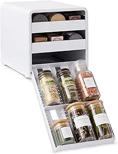 YouCopia SpiceStack,18-Bottle Adjustable Spice Rack Organizer, Pull-Out Seasoning Holder for Kitchen Cabinet and Pantry Storage with 104 Labels and Adjustable Dividers, Speckled White