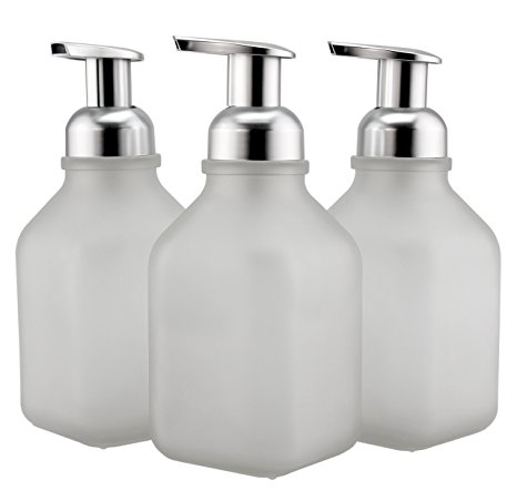 Cornucopia Brands 16-Ounce Square Glass Foaming Soap Dispensers (3-Pack, Frosted Glass Bottle w/Silver Color Pump)