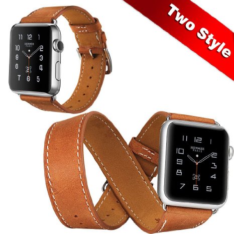 Apple Watch Band, Walcase 38mm Genuine Leather Replacement Watchband with Adapter Clasp for iWatch Apple Watch All Model, Brown (3 Pieces of Bands Include for Double Tour and Single Tour) (38mm-Brown)