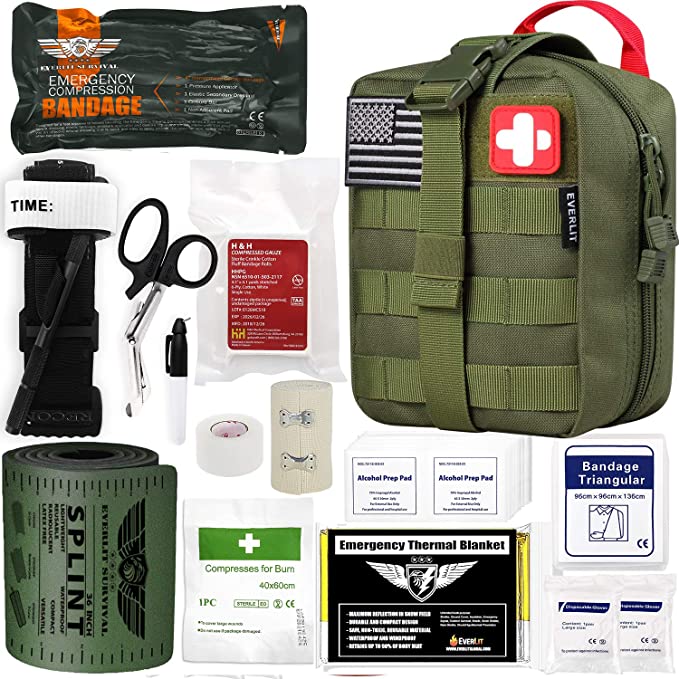 Everlit Emergency Trauma Kit GEN-I with Aluminum Tourniquet 36" Splint, Military Combat Tactical IFAK for First Aid Response, Critical Wounds, Blow Out, Severe Bleeding Control (GEN-1 OD Green)