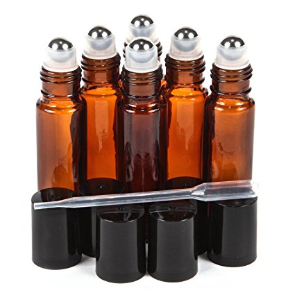 6pcs/Set - 10ml (1/3 Ounce) Empty Refillable Amber/ Brown Metal Roller ball Roll on Glass Bottles Kit with Dropper Pipettes and Free Transfer Funnel For Fragrance, Aromatherapy Essential Oil, Perfume, Serum, Cosmetics, Lotion, Treatment, Both At Home and Travel Outdoor Suitable