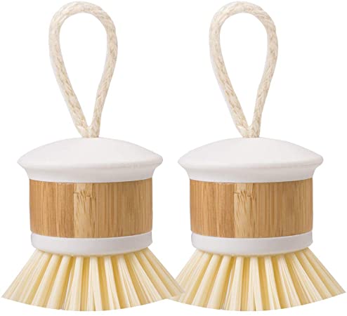 Bamboo Palm Scrub Brush, Kitchen Brush for Iron Pots Dish Pot Pan Sink Cleaning, Dish Scrubber, 2 Pack