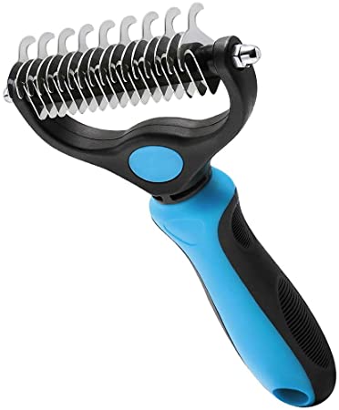 rabbitgoo Dog Brush, Pet Dematting Comb Grooming Tool with Double Sided, Shedding Brush Undercoat Rake tool for Dogs and Cats, Pet Safe and Round End Blades for Long and Short Hair, Effectively Remove Mats, Blue