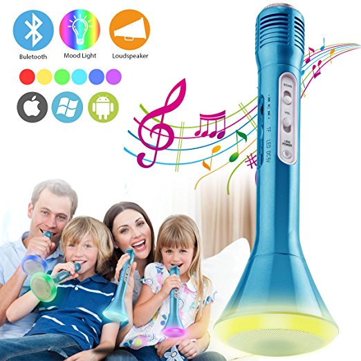 Wireless Bluetooth Karaoke Microphone for Kids, Portable Karaoke Player Machine with Speaker &Light for Home Party KTV Music Singing Playing, Support iPhone Android IOS Smartphone PC iPad (Blue)