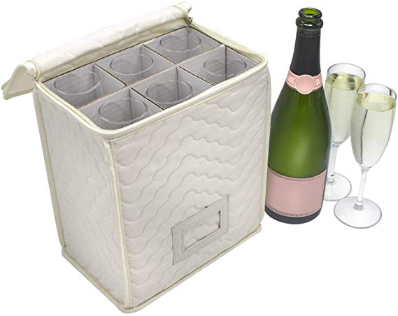 Sorbus Champagne Flute Storage Chest - Deluxe Quilted Case with Dividers - Service for 6 – Great glassware storage for Protecting or Transporting Champagne Flute Glasses (Beige)