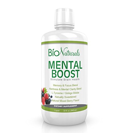 Mental Boost Organic Liquid Supplement by Bio Naturals - Enhance Brain Performance with Increased Memory, Alertness, Clarity & Focus - Contains Ginkgo Biloba, Huperzine-A, DMAE & More - 32 fl oz