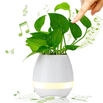 Smart Music Flower-Pot Planter, Touch-Play Indoor Plant-Pot, Wireless Bluetooth Speaker Rechargeable / Round Decorative Muti-Color LED Lights Bowl Vase, Gift , 4 Inch, White