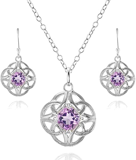 Sterling Silver Gemstone Cushion-Cut Celtic Knot Pendant Necklace and Dangle Earrings Set