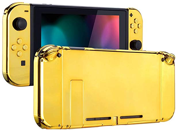 eXtremeRate Back Plate for Nintendo Switch Console, NS Joycon Handheld Controller Housing with Full Set Buttons, DIY Replacement Shell for Nintendo Switch - Chrome Gold