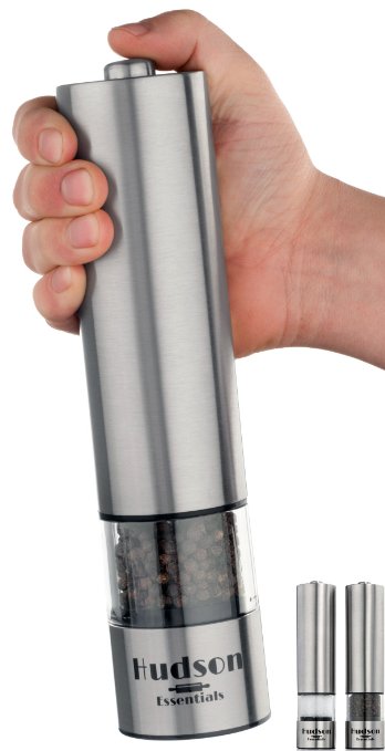 Hudson Gourmet Automatic Salt and Pepper Grinder and Mill Set - Stainless Steel Housing w/ Ceramic Grinder - One Touch Electric