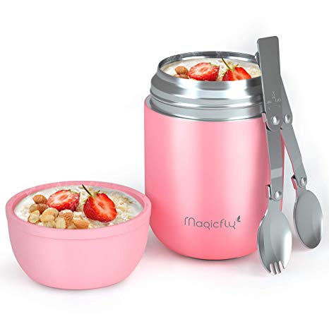 Magicfly Insulated Lunch Container, 16 Oz Stainless Steel Thermos Food Box for Food Storage Hot Cold Lunch Vacuum Bottle with Spoon and Spork for Kids Adult, Pink