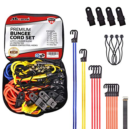 MAXXPRIME Premium Quality Bungee Cords With Hooks 28 Piece Set & Rubber Blend UV Protected Rubber Coated Steel Hooks