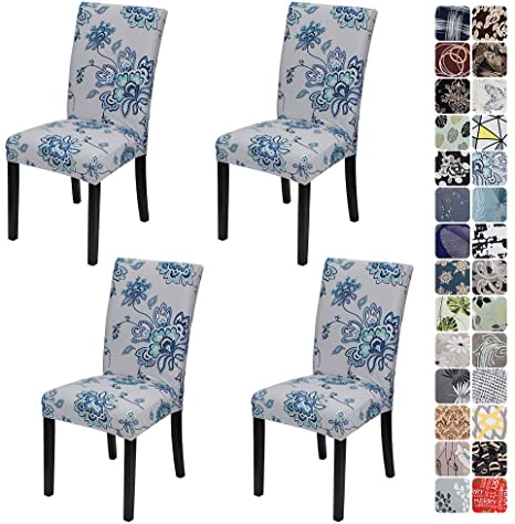 JOTOM Dining Chair Covers Seat Protector Stretch Removable Soft Spandex Decoration Seat Slipcovers for Home Dining Room Hotel Ceremony Banquet Wedding Party (Blue Flower, Pack of 4)