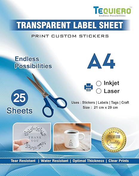 TeQuiero 25 Transparent Glossy Sticker Sheet A4 Paper Label Self Adhesive Sheets for Printing Stickers and Clear Labels (Inkjet & Laser Printer) - 25 Sheets