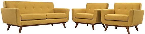 Modway Engage Mid-Century Modern Upholstered Fabric Two Armchair and Loveseat Set in Citrus