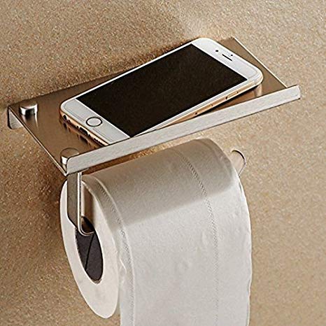 Aquieen Wall Mount Toilet Paper Holder, SS304 Stainless Steel Bathroom Tissue Paper Holder with Mobile Phone Storage Shelf, High Glossy, Silver