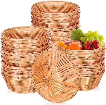 30 Pcs Plastic Round Basket Bulk 7'' Woven Bread Baskets for Serving Small Gift Baskets Empty Food Storage Basket for Graduation Gifts Fruit Vegetables Kitchen Restaurant Party Centerpiece Display