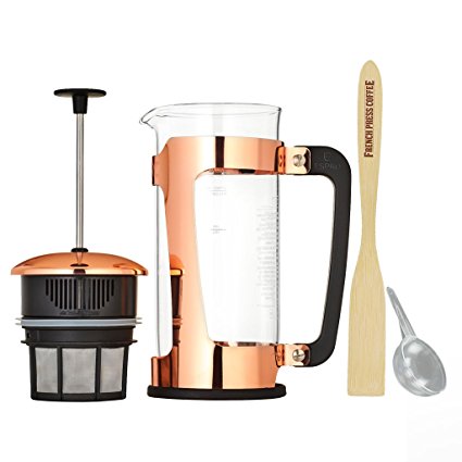 Espro Press P5 - Copper Plated French Press Coffee Press with Thick & Durable SCHOTT Duran glass   Bonus Wooden Stirring Spoon (with Coffee Filter, 32 oz)
