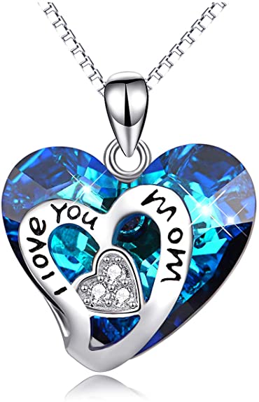 AOBOCO I Love You Mom Series - Sterling Silver Mom Necklace Heart Pendant with Blue Swarovski Crystal - Fine Jewelry Birthday Gifts for Mom Mother Grandma Mother-to-be Mother-in-law Stepmom