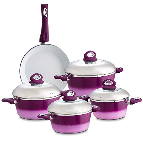 Chef's Star 9 Piece Professional Grade Aluminum Non-Stick Pots & Pans Set - Induction Ready Cookware Set … (Purple)