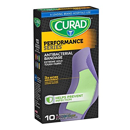 Curad Performance Series Extreme Hold Antibacterial Fabric Bandages, Assorted, X-Large, 10 Count