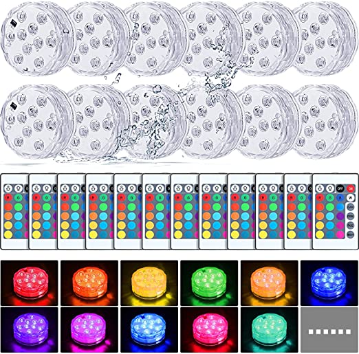 Mudder 12 Pack Submersible Led Lights with Remote Waterproof Pool Underwater Led Light Battery Operated Bathtub Light 16 Color Changing Lamp for Hot Tub Pool Pond Vase Aquarium Decoration