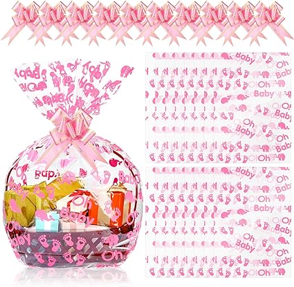 12 Pcs Extra Large Baby Shower Basket Bags with 10 Bows Ribbon 28 x 40 Inch Large Cellophane Bags Baskets Empty Bags Jumbo Cellophane Wrap for Gift, Presents, Baby Shower (Pink Elephant Patterns)