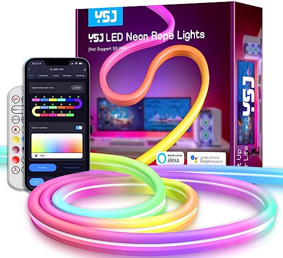YSJ Neon Rope Lights RGBIC, 9.84ft LED Strip Lights with Music Sync, Customizable DIY Design, Works with Alexa and Google Assistant, LED Neon Lights for Gaming Room Wall Decor (Not Support 5G WiFi)