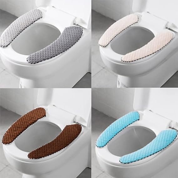 4Pairs Plush Warm Thick Padded Toilet Seat Cover Mat Non Slip Soft Toilet Seat Cushion Washable Bathroom Warmer with Self-Adhesive Tape