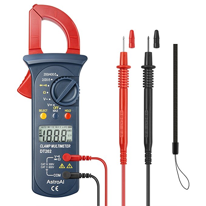 AstroAI Digital Clamp Meter, Multimeter Volt Meter with Auto Ranging; Measures Voltage Tester, AC Current, Resistance, Continuity; Tests Diodes, Red/Black