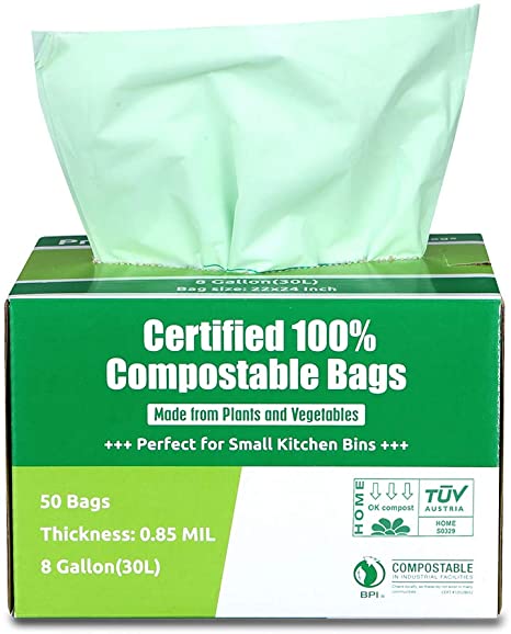 Primode 100% Compostable Bags, 8 Gallon (30L) Food Scraps Yard Waste Bags, 50 Count, Extra Thick 0.85 Mil. ASTM D6400 Compost Bags Small Kitchen Trash Bags, Certified by BPI and TUV