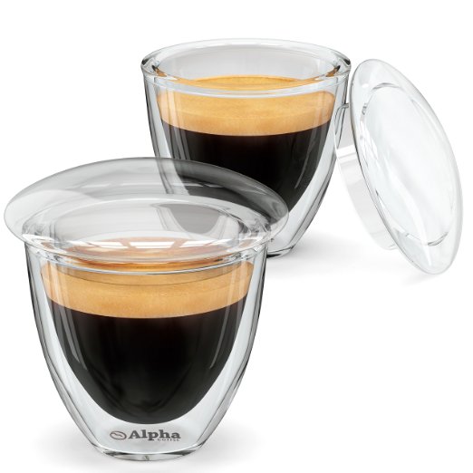 Alpha Coffee Espresso Cups. Demitasse Shot Glasses With Lids. Made From Double Wall Borosilicate. Set Of 2
