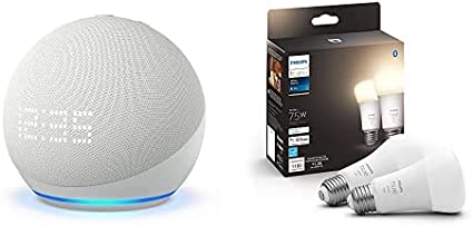 Echo Dot (5th Gen) with Clock | Glacier White with Philips Hue 2-Pack White Smart Bulbs