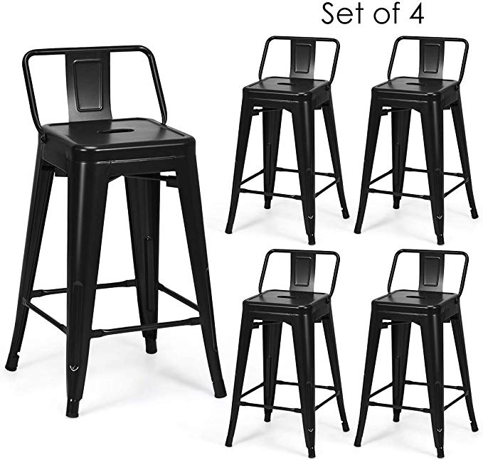 COSTWAY Metal Bar stools Set of 4, with Removable Back, Cafe Side Chairs with Rubber Feet, Stylish and Modern Chairs, for Kitchen, Dining Rooms, and Side Bar (Black, 24'')