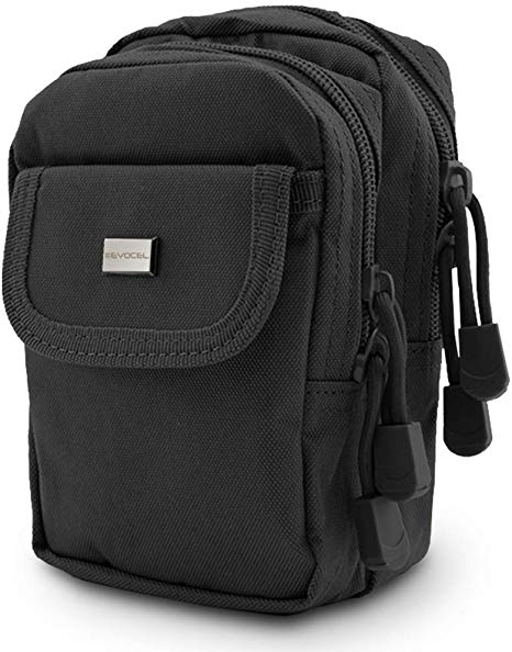 Evocel [Urban Pouch Plus Molle Waist Bag Organizer with 3 Pockets (6.9 in x 3.5 in x 4.7 in) Large Capacity Ideal for Everyday Gear, Samsung Apple LG Motorola Cell Phones, Travel, Outdoors - Black
