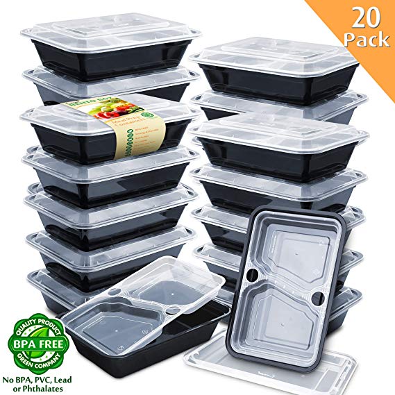 Enther 36oz Meal Prep Containers [20 Pack] 3 Compartment with Removable Insert Tray, 2-Tier Food Storage Bento Box with Lids, BPA Free, Reusable Lunch Box, Stackable/Microwave/Dishwasher/Freezer Safe