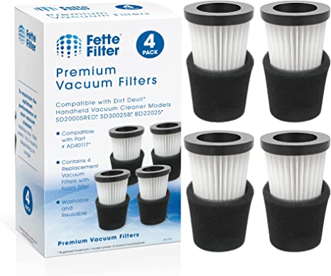 Fette Filter - F117 Replacement Vacuum Cleaner Filter with Compatible with Dirt Devil Handheld Vacuum Cleaner Models SD20005RED, SD30025B, BD22025 . Part # AD40117 - Pack of 4