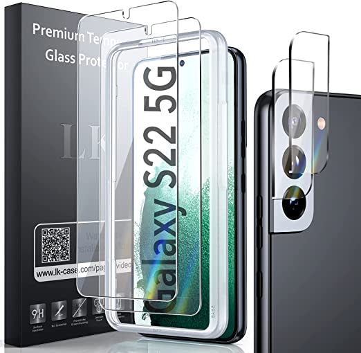 [2 2 Pack] LK 2 Pack Samsung Galaxy S22 5G Screen Protector & 2 Pack Galaxy S22 Camera Lens Protector with Alignment Frame, 9H Tempered Glass, HD, Anti-Shatter, Bubble-Proof, Case-Friendly, 6.1-Inch