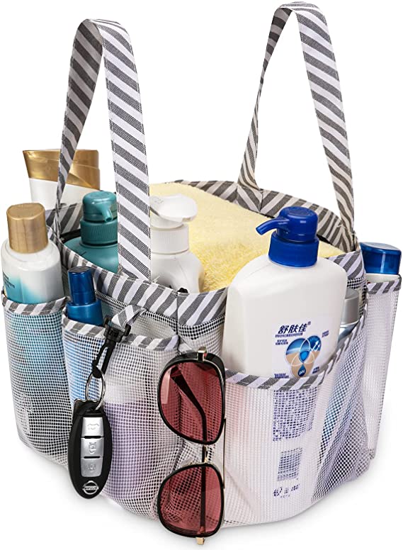 iHomeYC Portable Mesh Shower Caddy, Camping Bathroom shower caddy tote, College Dorm Room Essentials Organizer With Key Hook And 8 Basket Pockets