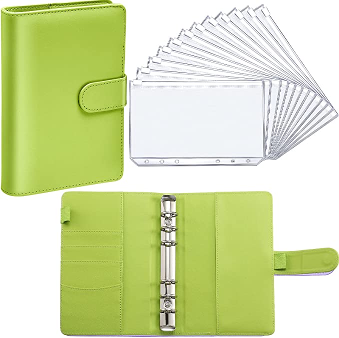 PU Leather Notebook Binder Budget Planner Binder Cover with 12 Pieces Binder Pocket Personal Cash Budget Envelopes System 6 Hole Binder Zipper Folder (Lime Green Cover with Clear Sheet,A6)