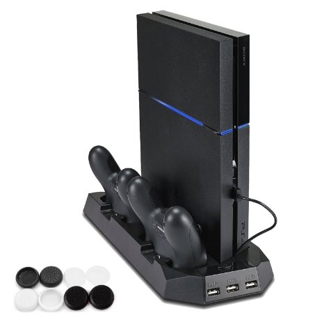 PS4 Cooler PECHAM PlayStation 4 Console Vertical Stand Cooling Fan Charging Station Dual Micro USB Charger Ports for DualShock 4 Controllers and PS4 Charger Docking Station HUB Charger Ports