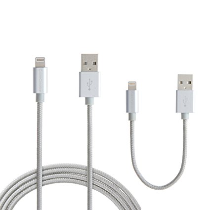 [Apple MFi Certified] CableCreation (2 Pack) Lightning to USB Data Sync Cable for iPhone, Metal Plug & Cotton Jacket, 1x4ft long cable 1x0.5ft short cable, Silver