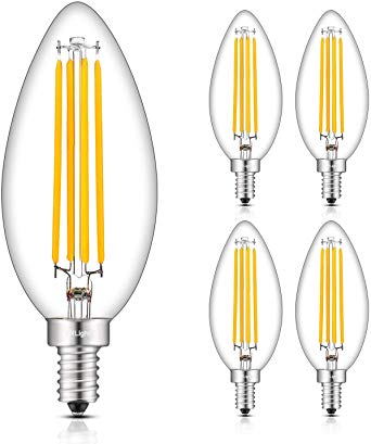 CRLight 8W Dimmable Large LED Candelabra Bulb 80W Equivalent 800LM, 3000K Soft White E12, Lengthened & Enlarged B17 Clear Candle E12 LED Filament Chandelier Light, Smooth Dimming Version, 4 Pack