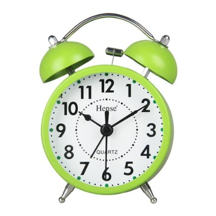 HENSE Classical Retro Twin Bell Mute Silent Quartz Movement Non Ticking Sweep Second Hand Bedside Desk Analog Alarm Clock with Nightlight and Loud Alarm HA01 (Green)